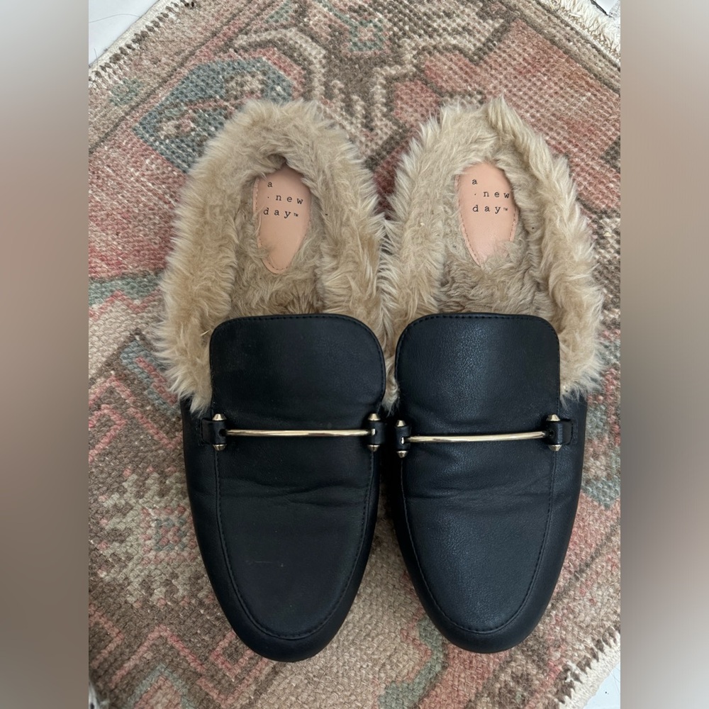 Fuzzy black mules slip ons